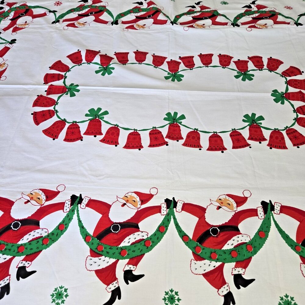Vintage Tablecloth Christmas Dancing Santa 1950s 60s Mid Century - Picture 6 of 11